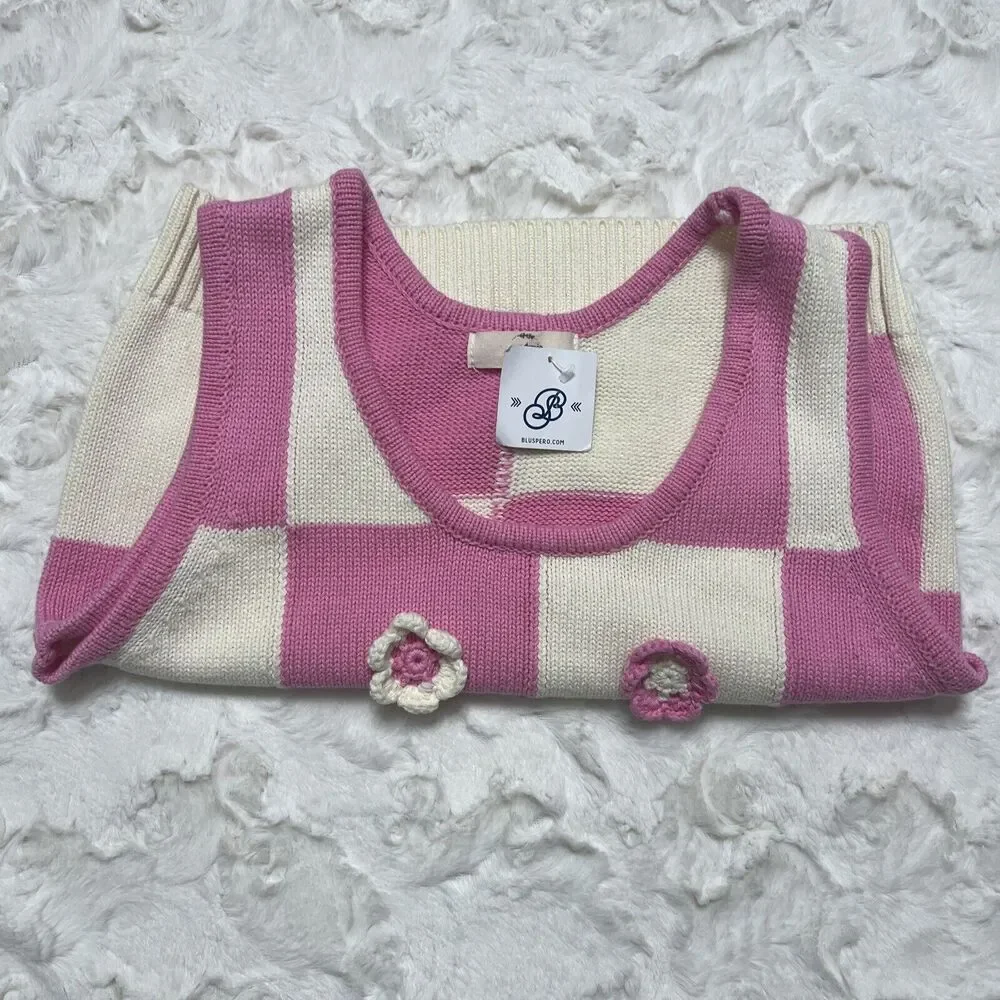 Entro Women's Pink White Crochet Detail Flowers Stretch Knit Top Size M - Picture 7 of 7